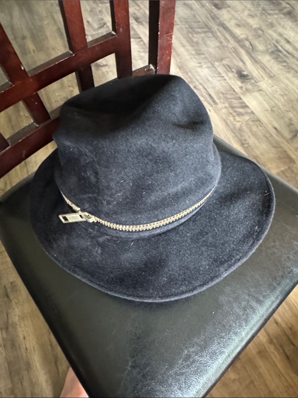 Vintage Neiman Marcus Frank Olive Black Felt Fedora Gold Zipper Removable Brim